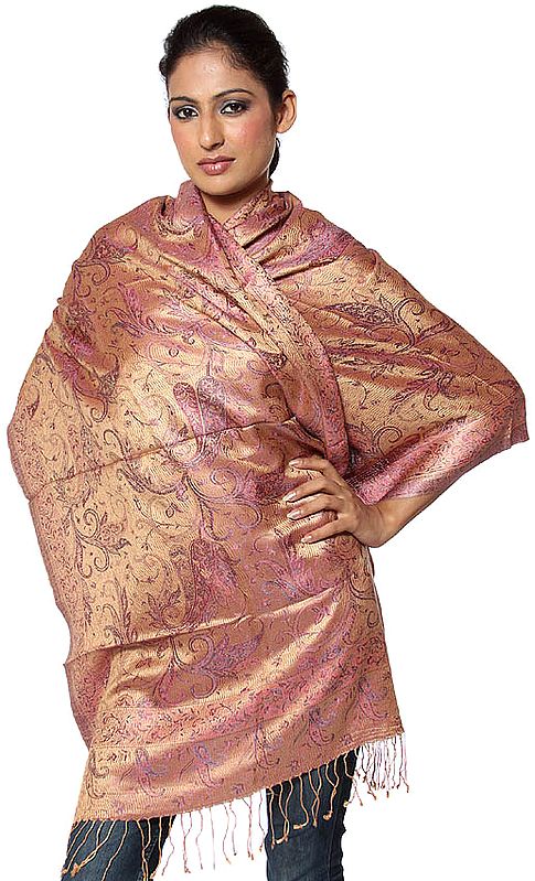 Mustard and Pink Reversible Jamawar Stole with All-Over Woven Paisleys