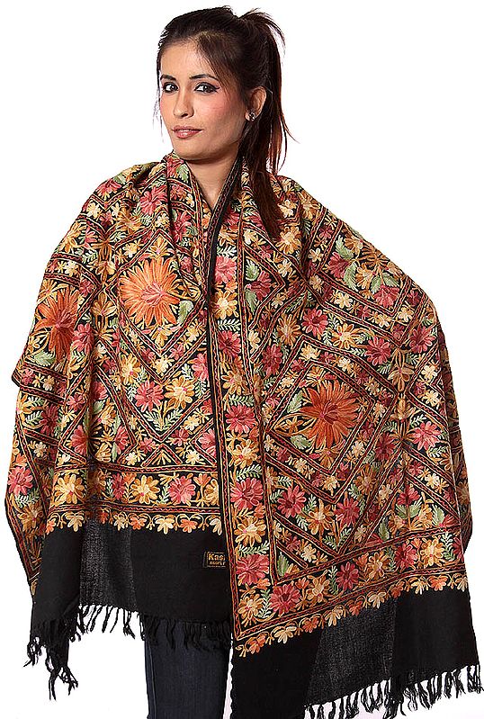 Black Jamdani Stole from Kashmir with Dense Floral Embroidery All-Over