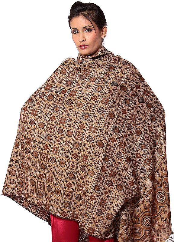 Brown Double-Sided Jamawar Shawl with Woven Checks