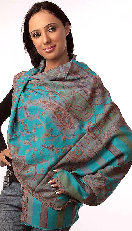 Robin-Egg Blue Kani Stole with Woven Paisleys in Multi-Color Threads