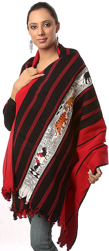 Red Folk Shawl from Nagaland with Woven Tigers and Peacocks