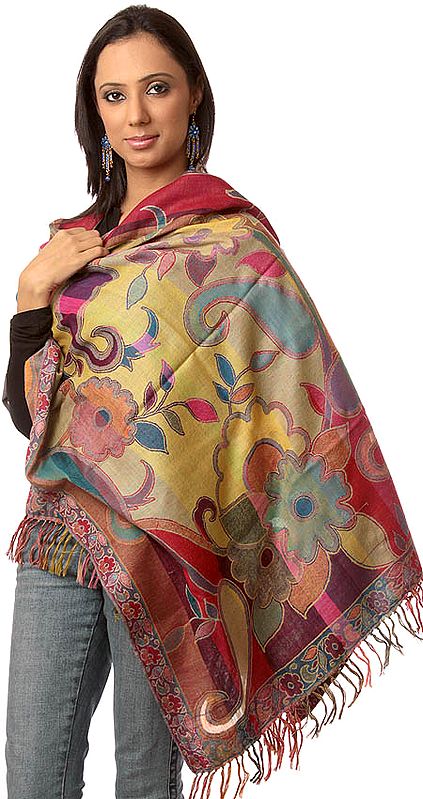 Multi-Color Jamawar Stole with Woven Flowers