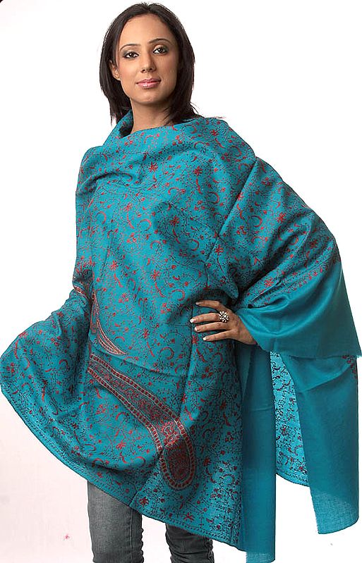 Turquoise Tusha Shawl with All-Over Jafreen Jaal Embroidery