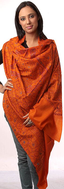Burnt Orange Tusha Shawl with All-Over Jafreen Jaal Embroidery