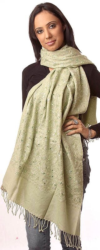 Tea-Green Stole with Aari-Embroidered Flowers All-Over and Sequins