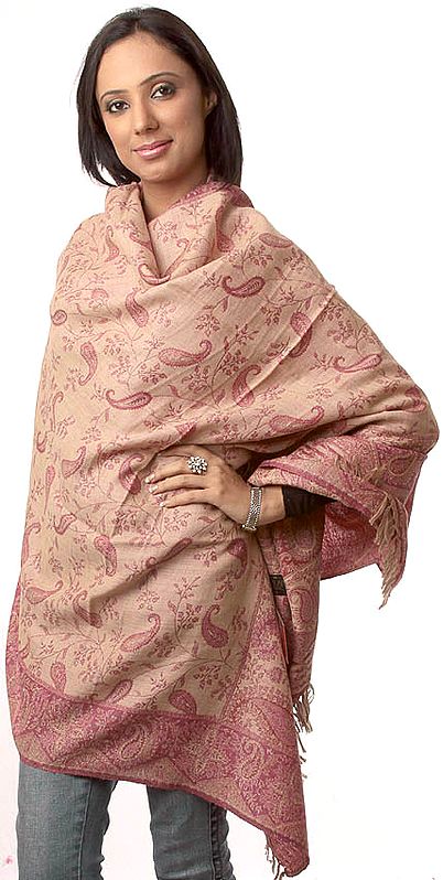 Beige Double-Sided Jamawar Shawl with All-Over Woven Paisleys