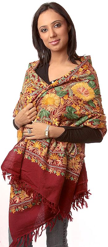 Maroon Jamdani Stole from Kashmir with Dense Floral Embroidery All-Over