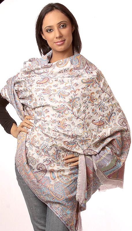 White Kani Shawl with Woven Paisley Tree in Multi-Color Thread