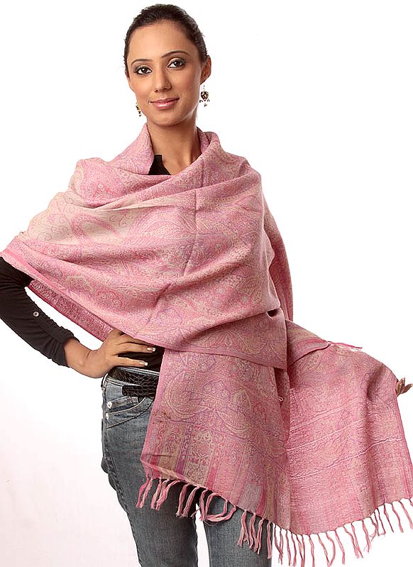 Pink and Beige Double-Sided Jamawar Shawl with All-Over Woven Paisleys