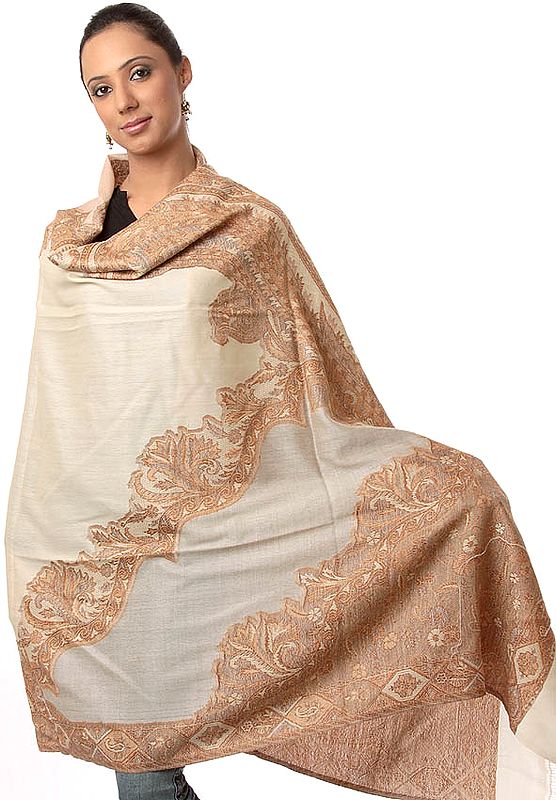 Ivory and Brown Jamawar Shawl with Woven Paisleys