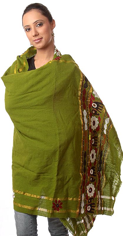 Green Shawl from Kutchh with Aari-Embroidered Elephants