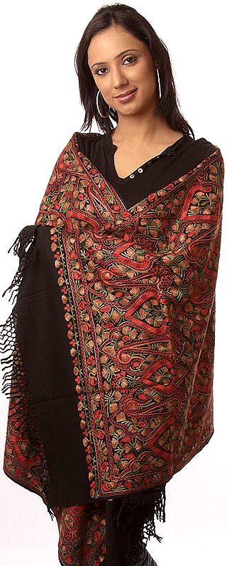 Black Stole with Aari-Embroidered Flowers in Multi-Color Thread