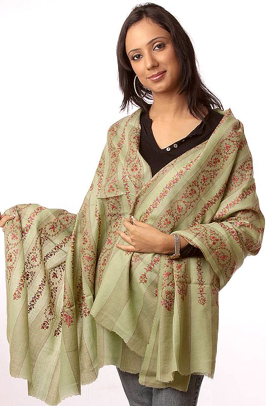 Two-Tone Green Tusha Shawl with Needle Embroidered Creepers