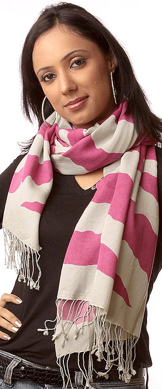 Pink and Beige Printed Silk-Pashmina Stole from Nepal
