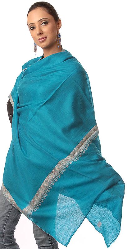 Plain Turquoise Blue Pure Pashmina Shawl with Intricate Kashmiri Sozni Embroidery by Hand on Borders
