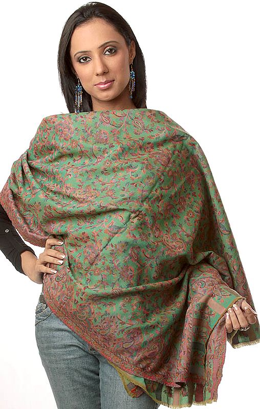 Green Kani Shawl with Densely Woven Flowers in Multi-Color Threads