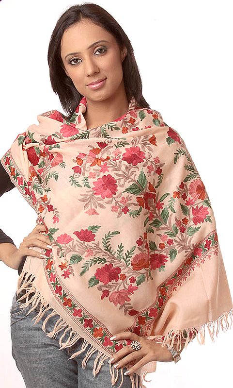 Peach Stole from Kashmir with Floral Embroidery