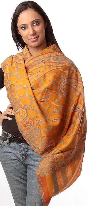 Mustard Kani Stole with Woven Paisleys in Multi-Color Threads
