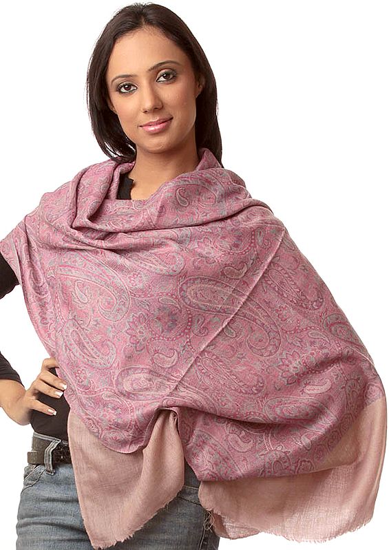 Beige and Pink Pure Pashmina Stole with Printed Paisleys