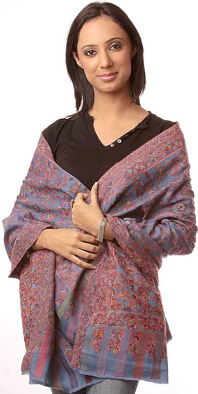 Royal-Blue Kani Stole with Woven Flowers in Multi-Color Threads