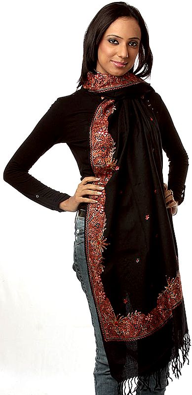 Black Stole with Aari-Embroidery on Border and Beadwork