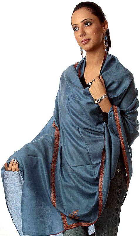 Steel-Blue Pashmina Shawl with Sozni Embroidery