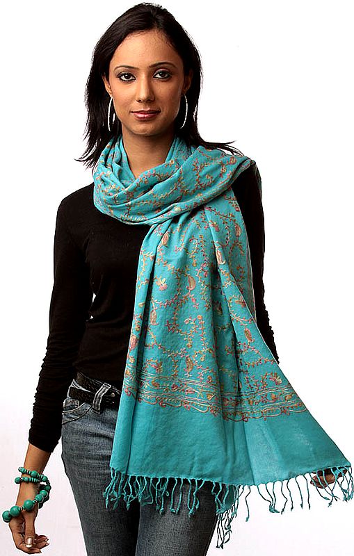 Robin-Egg Blue Stole with Aari Embroidery All-Over