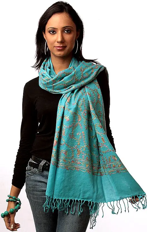 Robin-Egg Blue Stole with Aari Embroidery All-Over