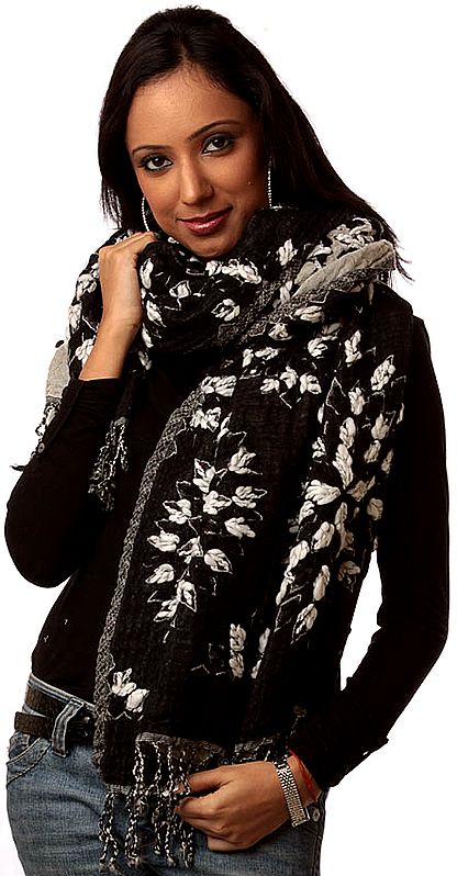 Black Scarf with Embroidery in White Wool