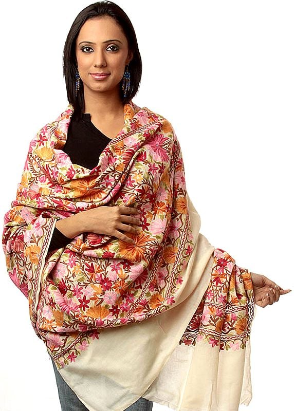 Ivory Jamdani Shawl from Kashmir with Dense Floral Embroidery All-Over