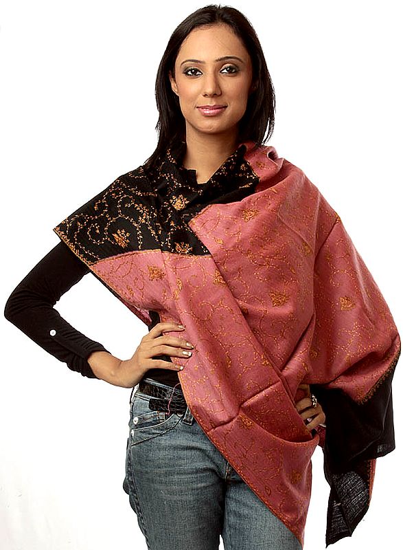 Rose-Pink and Black Shawl with All-Over Needle Embroidery