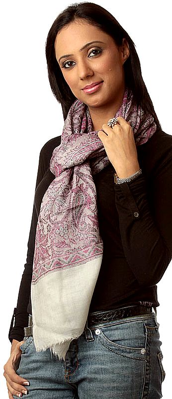 Violet and Gray Pure Pashmina Stole with Woven Paisleys