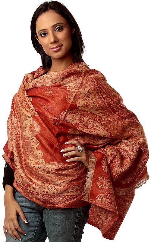 Rust Jamawar Shawl with Needle Embroidery by Hand