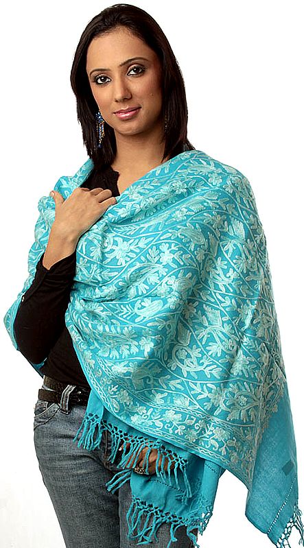 Turquoise Blue Stole with Aari Embroidery All-Over