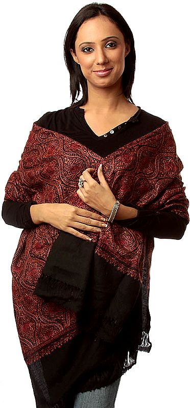 Black Semi-Pashmina Kashmiri Stole with Intricate Jamdani Embroidery by Hand
