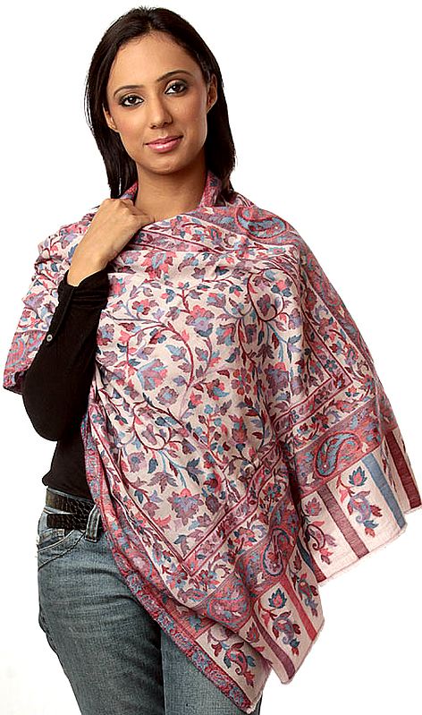 Powder Pink Kani Stole with Woven Flowers in Multi-Color Threads