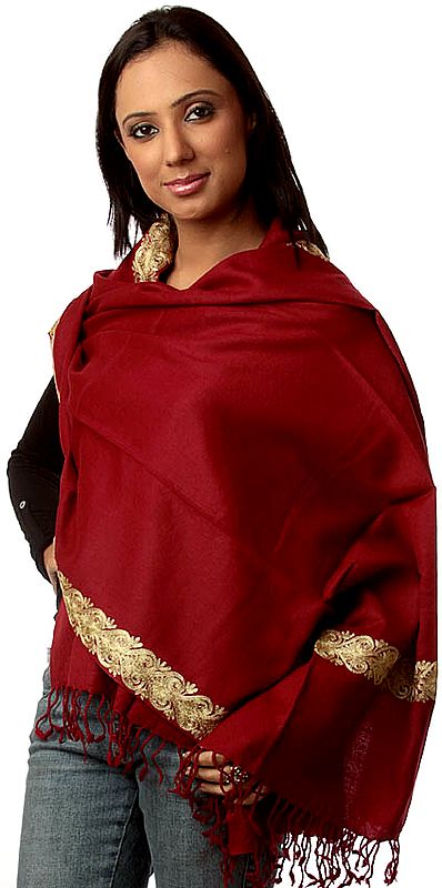 Plain Burgundy Stole with Embroidered Border in Golden Thread