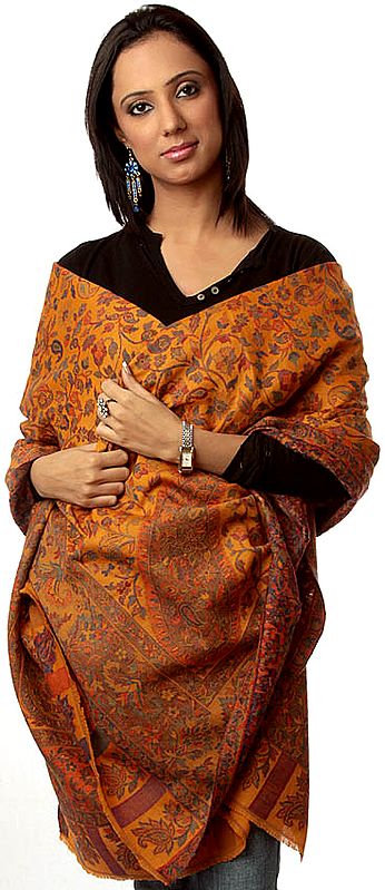 Mustard Kani Shawl with Multi-Color Woven Paisleys All-Over