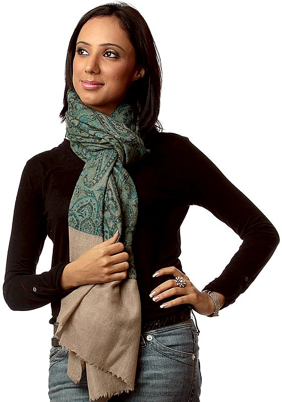 Green and Beige Pure Pashmina Stole with Woven Paisleys