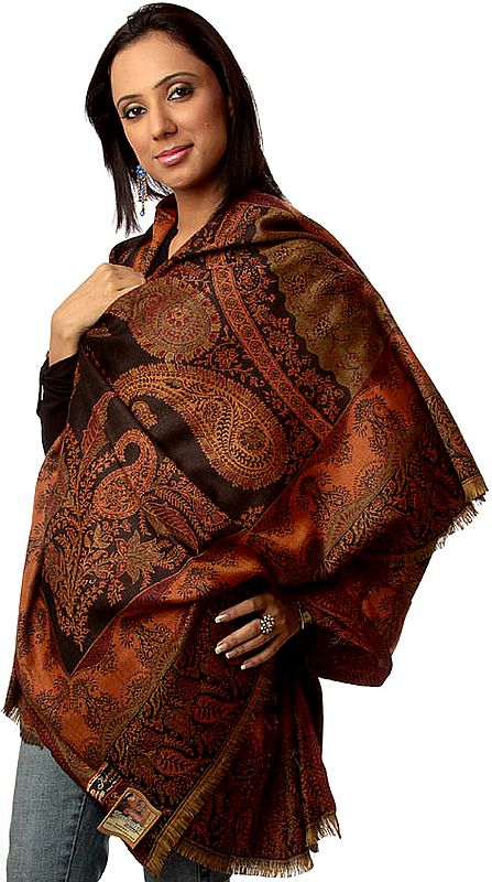 Black and Burnt Orange Jamawar Shawl with Needle Embroidery by Hand