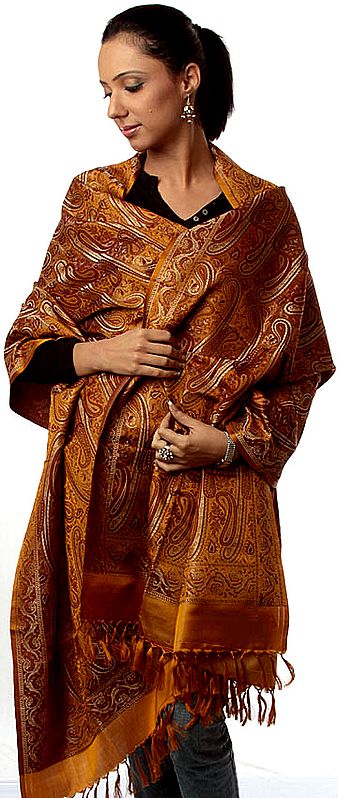 Golden-Mustard Stylized Paisley Banarasi Shawl with All-Over Weave
