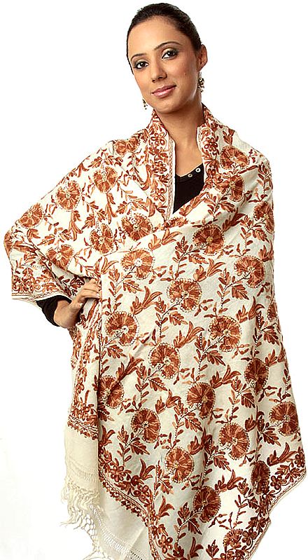 Ivory and Brown Stole with Aari-Embroidered Flowers All-Over and Sequins