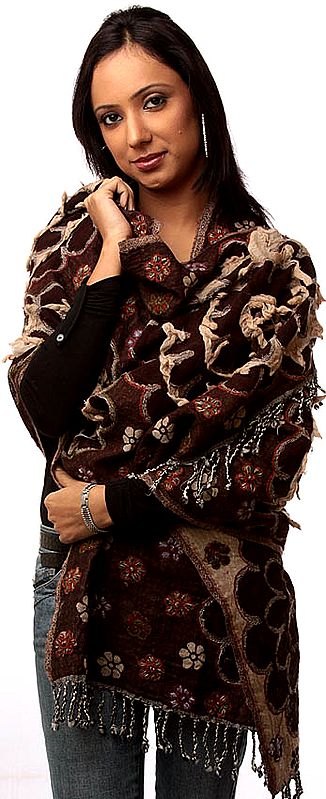 Coffee Brown Cutwork Stole with Floral Embroidery