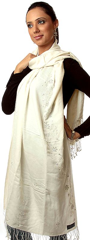 Ivory Silk-Pashmina Stole from Nepal with Embroidered Beads and Sequins
