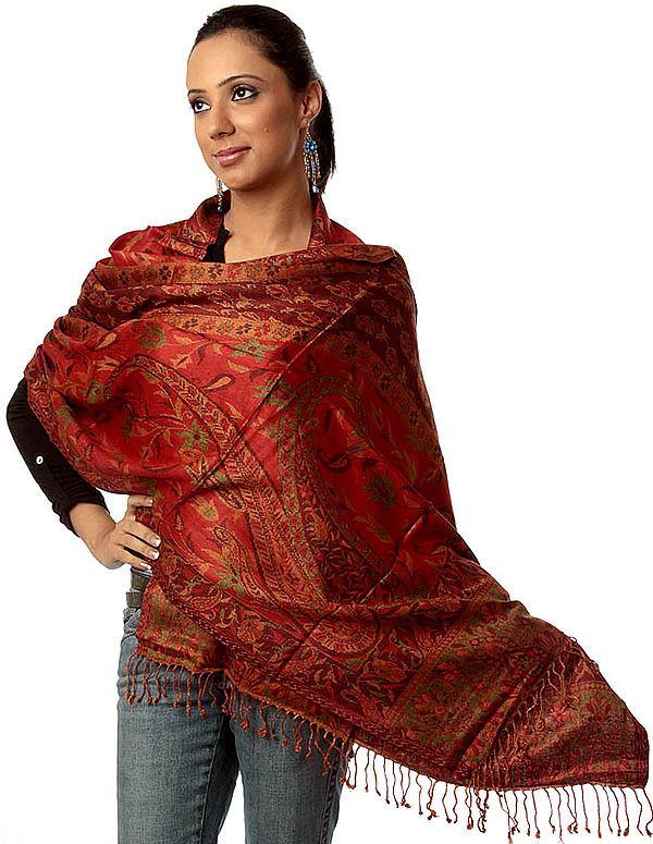 Red Reversible Jamawar Stole with Woven Paisleys