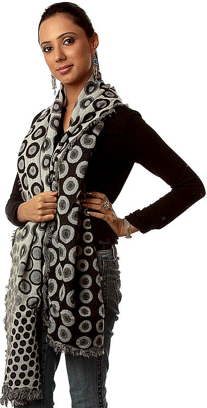 Black and Gray Reversible Stole with Woven Circles Fringed on All Sides