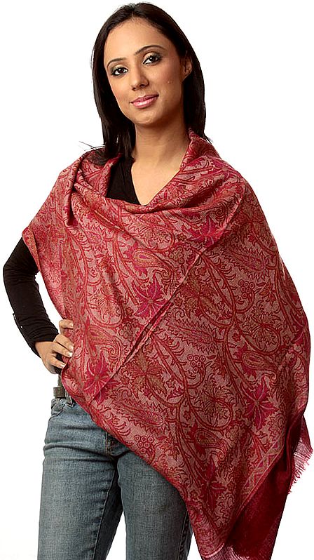 Burgundy and Pink Pure Pashmina Stole with Woven Paisleys