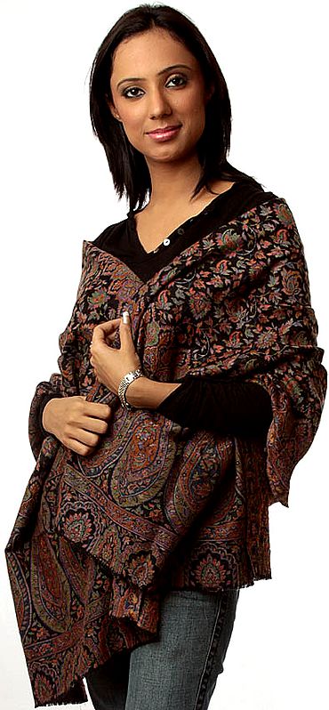 Black Kani Stole with Woven Flowers in Multi-Color Threads