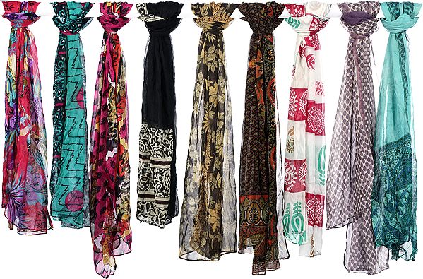 Lot of Nine Bamboo Printed Scarves