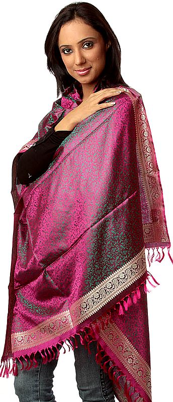 Lilac-Rose Banarasi Hand-Woven Shawl with All-Over Tanchoi Weave